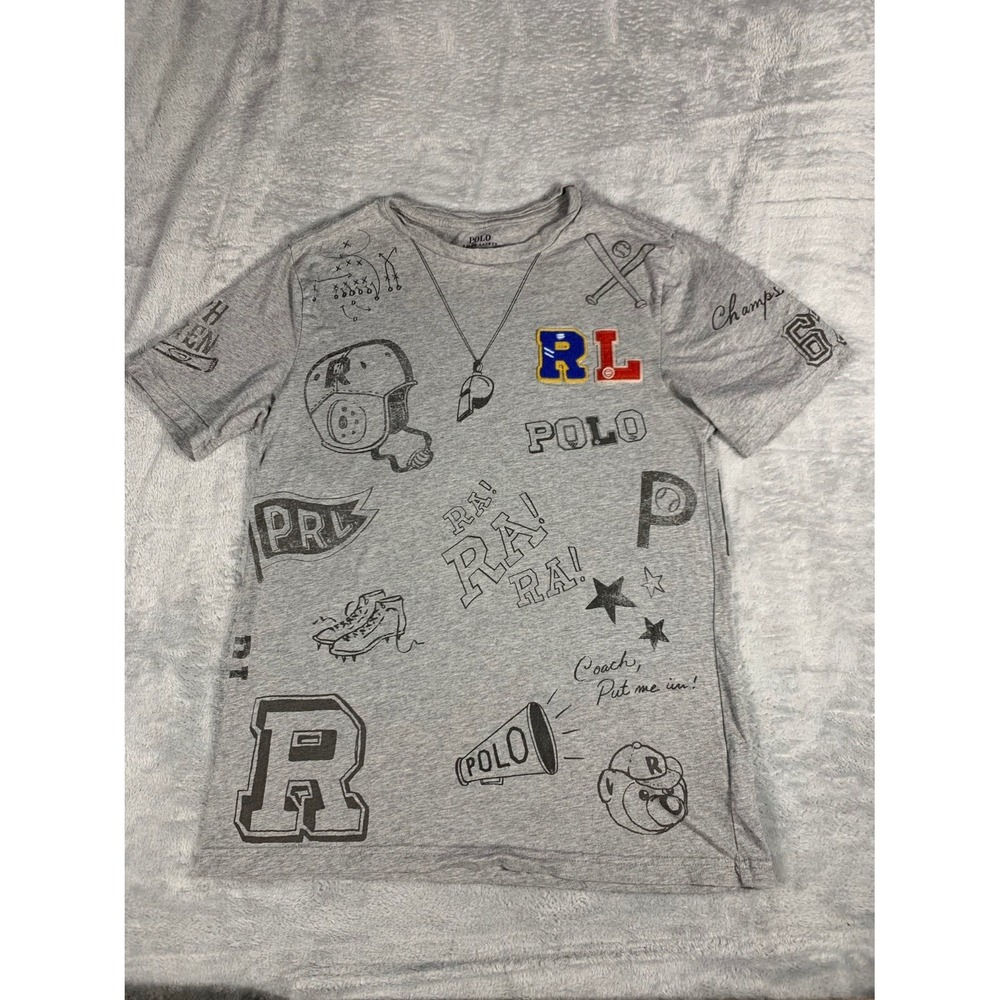 Polo Ralph Lauren Vintage Sports Doodles T-Shirt Boys L Gray chenille